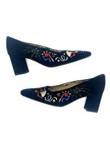 Worthington Black Velvet Embroidered Y2K 2000 Square Toe Heels Vintage Pumps - Picture 1 of 10