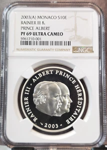 2003 MONACO SILVER 10 EURO RAINIER III & PRINCE ALBERT NGC PF 69 ULTRA CAMEO TOP - Picture 1 of 3
