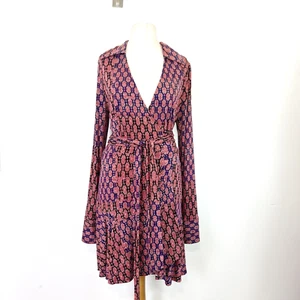 Free People Wrap Dress Pink & Black Print Long Sleeve V-neck Size L New - Picture 1 of 15