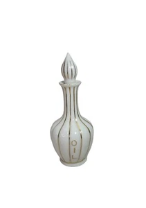Vintage An Irice Hand Painted Porcelain Oil Bottle 6"H White & Gold Stripes Tone - Picture 1 of 10