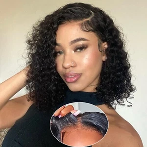 Put on and Go No Glue Bob Wig Human Hair 4x4 Curly Bob Human Hair Wigs for Women - Picture 1 of 12