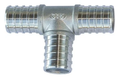 3/4" Stainless Steel PEX Tee Hose Barb Crimp Fitting SS 316 - T Adapter Fitting - Image 1 of 2