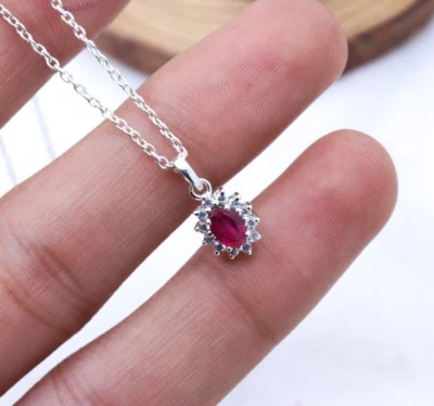 925 Sterling Silver Natural Ruby & CZ Halo Dainty Pendant Necklace 18" Jewelry - Image 1 of 4