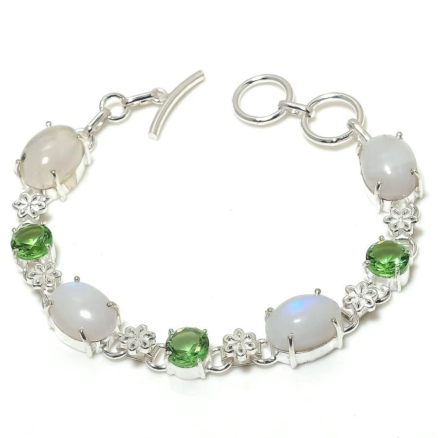 Rainbow Moonstone Peridot Quartz Gemstone Silver Plated Bracelet Jewelry 7-8" - Image 1 of 1
