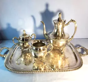 Tea Coffee Set Pot Creamer Sugar Bowl Tray Silver on Copper GLASTONBURY Vintage - Picture 1 of 12