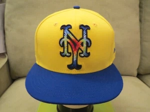 Sombrero ajustado amarillo New Era NY Mets, logotipo psicodélico, billete azul real, 7 5/8 - Imagen 1 de 10