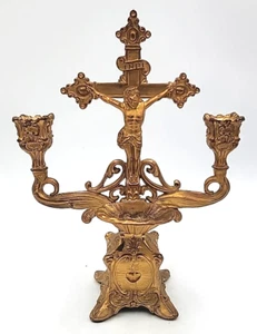 Antique Gold CrucifixOf Christ Gold Standing Altar Holy Water Font Candle Holder - Picture 1 of 24