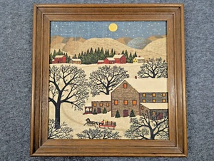 VTG Primitive Winter Night Folk Art Kay Dee Linen Print Signed by R. Batchelder - Picture 1 of 4