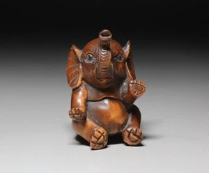 Tsuge Netsuke "Elefant" Buchsbaum Figur Symbol der Weisheit, des Schutzes & des Guten - Bild 1 von 5