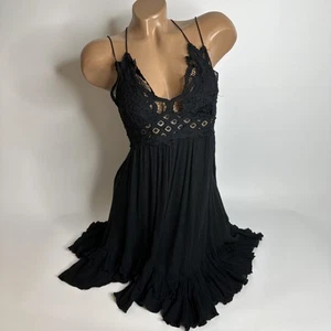FREE PEOPLE Adella Black Mini Slip Dress Boho Crochet Lace Strappy Small Witchy - Picture 1 of 9