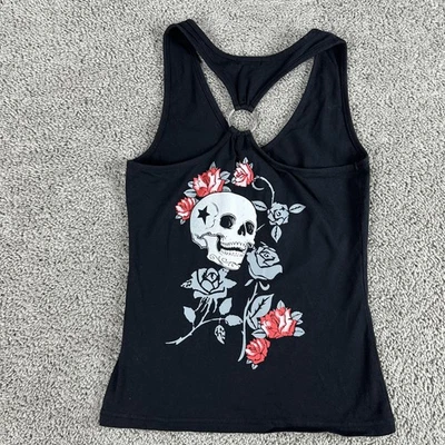Camiseta sin mangas Venus calavera rosa para mujer pequeña negra gráfica espalda deportiva detalle de anillo gótico Foto 1 de 4