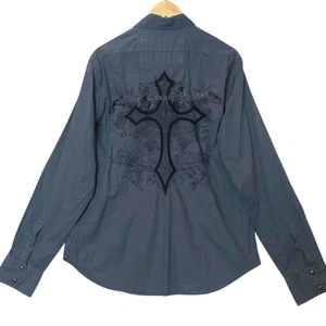Guess Embroidered Cross Button-Up Shirt L Gray Grunge Rockstar Urban Y2K Gothic - Picture 1 of 11