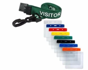 VISITOR Lanyard Green Neck Strap & Coloured Flexible Wallet ID Card Pass Holder - Picture 1 of 1