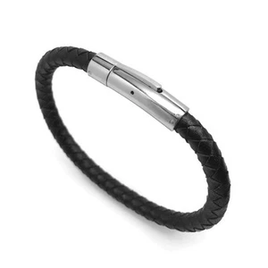 Brazalete de cuero negro trenzado 6 mm redondo de acero inoxidable broche de bloqueo para hombres y mujeres - Imagen 1 de 4