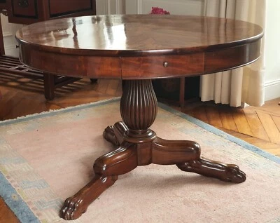 Table Guéridon Empire avec plateau en marquetterie acajou sur pied tripode  - Photo 1/4