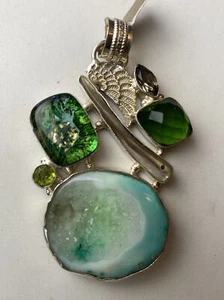 3” Sterling Silver 925 Winged Multi-Stone Agate Pendant New Old Stock - Picture 1 of 6