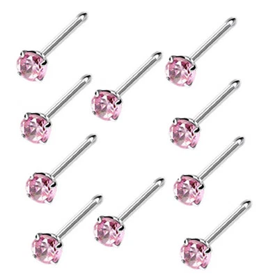 10 pcs Sterling Silver Prong Nose Cubic-Zirconia Ring 1.2mm Gem Ball Ended 22G - Image 1 of 3