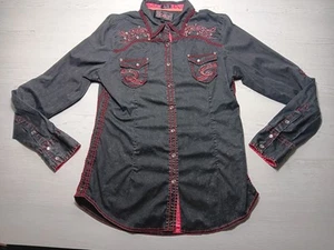 Roar Stretch Women’s Western Shirt Size L Distressed Embroidered Rhinestones - Picture 1 of 24