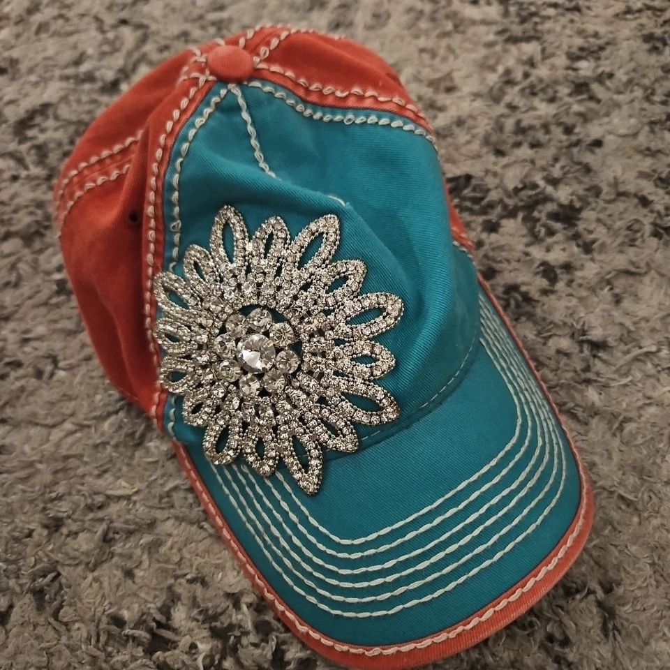 Olive And Pique Rhinestone Baseball Cap Orange And Teal Blue Women’s Adjustable  - Image 1 of 3