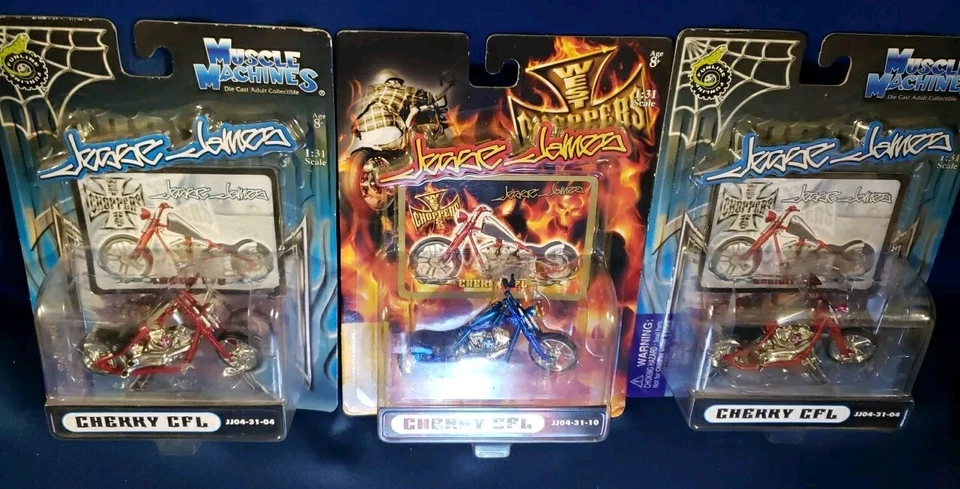 2004, Jesse James, West Coast Choppers, Cherry CFL, 2 Red, And, 1 Blue Diecast - Image 1 of 4