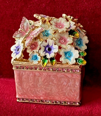 Butterfly Floral Square Hinged Metal Trinket Box Rhinestone Enamel Jewelry Box - Image 1 of 4