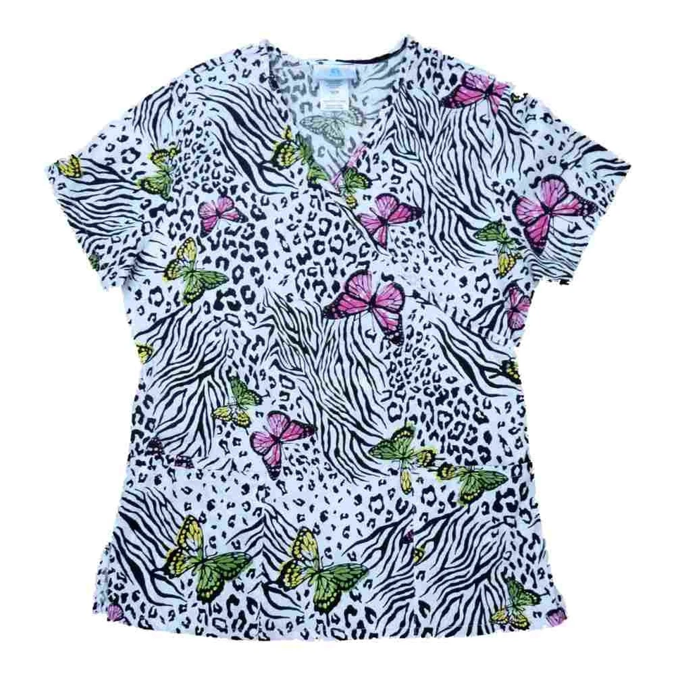 Simply Basic Women White Stripe Butterfly Medical Smock Nurse Scrub Shirt Top M - Image 1 of 1