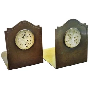 Potter Studio Arts & Crafts Hand-Carved White Jade & Brass Bookends, Ca. 1915 - Picture 1 of 6
