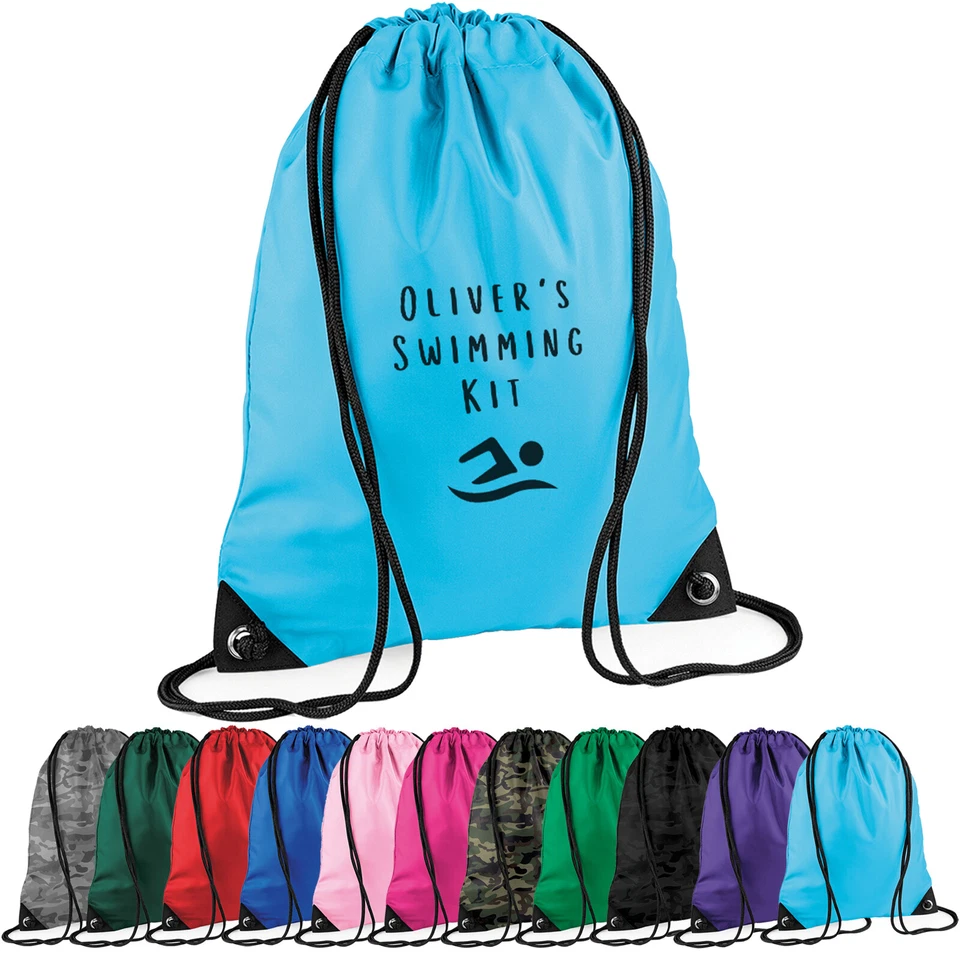 MERCH KINGDOM Personalisierter Name Schwimmset Tasche Kordelzug maßgeschneidert Kinder Jungen Mädchen Schultasche