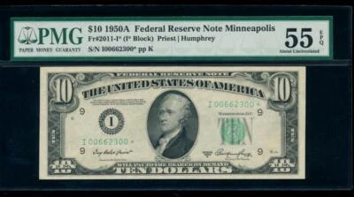 AC 1950A $10 Minneapolis FRN *star* PMG 55 EPQ I-* block Fr 2011-I* - Image 1 of 2