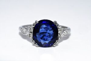 $4,800 4.01CT ANTIQUE ART DECO NATURAL BLUE SAPPHIRE & DIAMOND PLATINUM RING