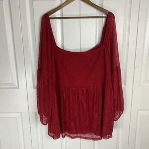 Torrid 5X Top Blouse Red Lace Smocked Babydoll Long Sleeve Floral Boho Bohemian - Picture 1 of 5