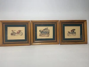 Set of 3 Antique Hand Painted Car Prints Framed 7 1/2 " x 6 1/2" - Picture 1 of 11