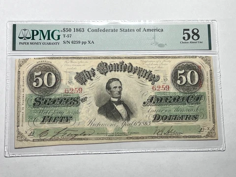 1863 Confederate $50 Note T-57 PMG 58 Choice AU Cover