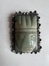 Antique Made in Mexico Silver Ornate Frame Engraved Mayan Face Pin Brooch 54G