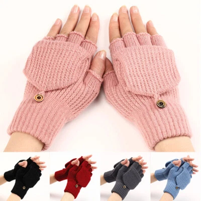 Unisex Flip Half Finger Mittens Gloves Solid Hand Wrist Warmer Knitted Winter _ - Image 1 of 4