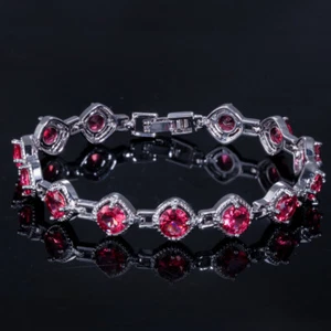New Round Cut Garnet Topaz Gemstone Charm Silver Chain Women Jewelry Bracelets - Picture 1 of 10