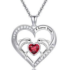 Women Necklace 14k White Gold Filled CZ Dolphins Heart Pendat Necklace - Picture 1 of 29