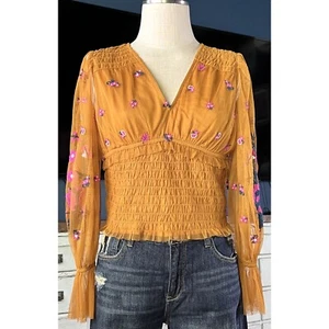 NWT New $148 Anthropologie Smocked Embroidered Mustard Tulle Blouse Top MP - Picture 1 of 12