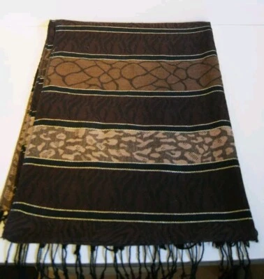 Brown Black Scarf Gold Shimmer Tan Animal Print Women's Textured Tassels Threads - Image 1 of 4