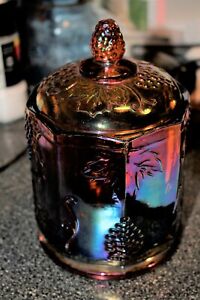 Vintage CARNIVAL Glass Purple/Amber IRIDESCENT Grape Leaf CANISTER Jar & LID