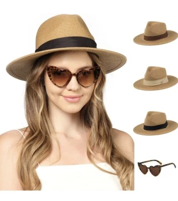 Funcredibles Sombreros de Playa para Mujer - Sombrero Panamá Paja Sol con Gafas en Forma de Corazón Foto 1 de 4