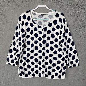 Talbots Sweater Womens 2X Plus White Navy Blue Dots 3/4 Sleeve Cardigan Knit