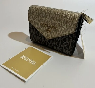 MICHAEL KORS BROWN PALE GOLD LOGO JET SET CHARM MEDIUM ENVELOPE TRIFOLD WALLET - Image 1 of 4