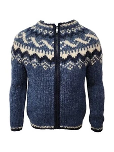 Hand Knitting Association Iceland Kids Sweater Wool Zip Blue Cardigan Isle XS/S - Picture 1 of 12