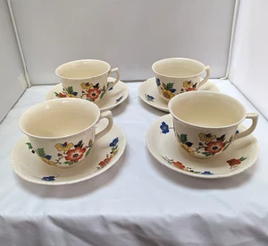 Set of 4 Antique Tea Cups & Saucers – Colorful Spring Poppies – Made in England - Picture 1 of 7