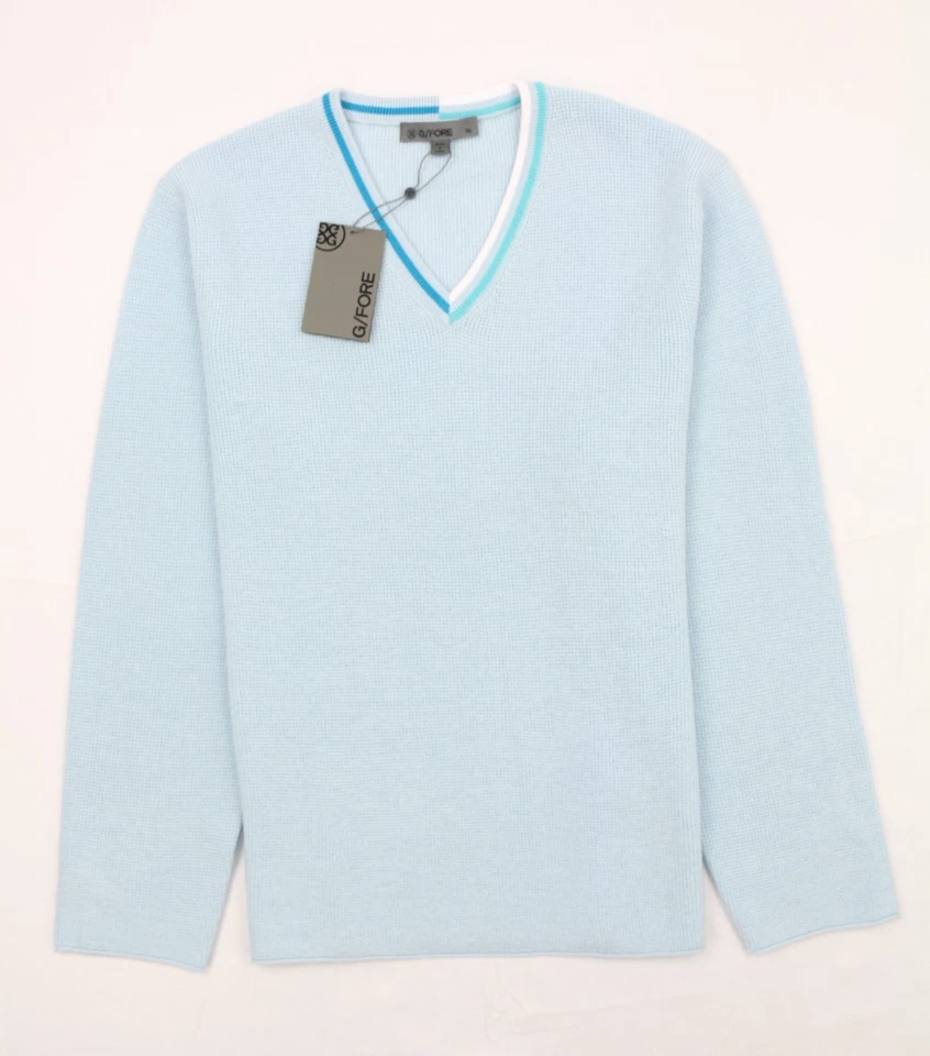 G/Fore Mens XL G4 Waffle Knit V Neck Baja Blue Golf Sweater 100 Wool GMS000010