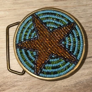 Vintage Perlen Messing Gürtelschnalle Taiwan Wonder Woman Belt Co. Bronze, türkis. - Bild 1 von 8