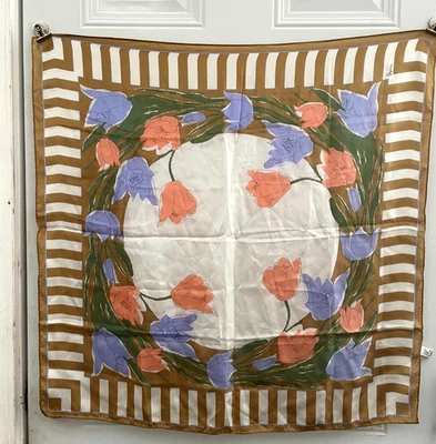 De Colección Vera Bufanda de Seda 28 1/2" Cuadrado Floral Melocotón Púrpura Dorado Tulipanes Flores Japón Foto 1 de 4