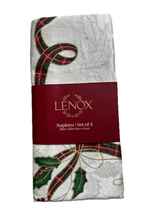 4 LENOX Holiday Nouveau Napkins Christmas Ribbon Holly Berries 20 x 20" NEW B42 - Picture 1 of 5