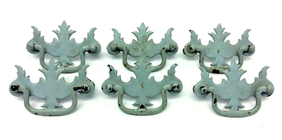 Vintage Set 6 Used Metal Painted Light Blue Decorative Dresser Drawer Pulls  - Image 1 of 4